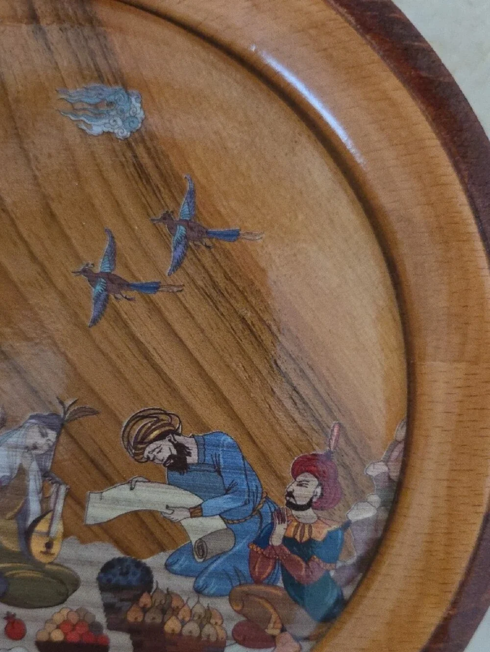 Hand-Painted Persian Wooden Wall Plate in Brown with Folk Scene